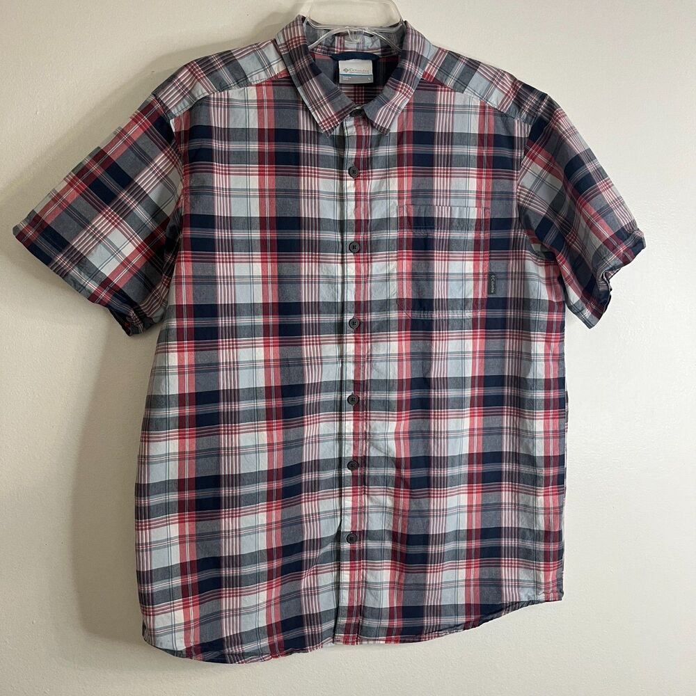 Columbia Mens L Plaid Button Up Shirt Short Sleeve Cotton Casual Outdoor Hiking